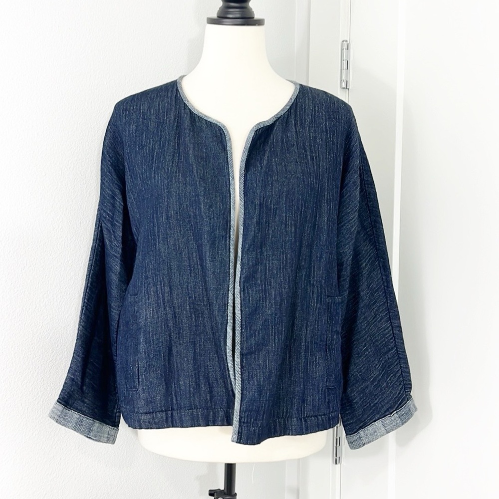 Eileen Fisher Medium Blue Petite Open Front Long Sleeve Denim Jacket w/Pockets